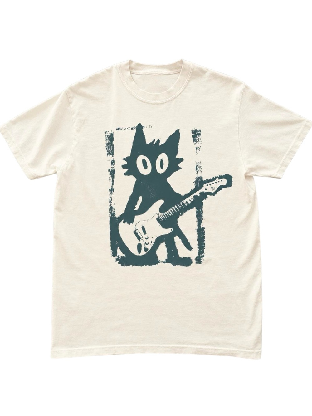Grunge Black Cat Playing Electric Guitar Cream Graphic Tee
